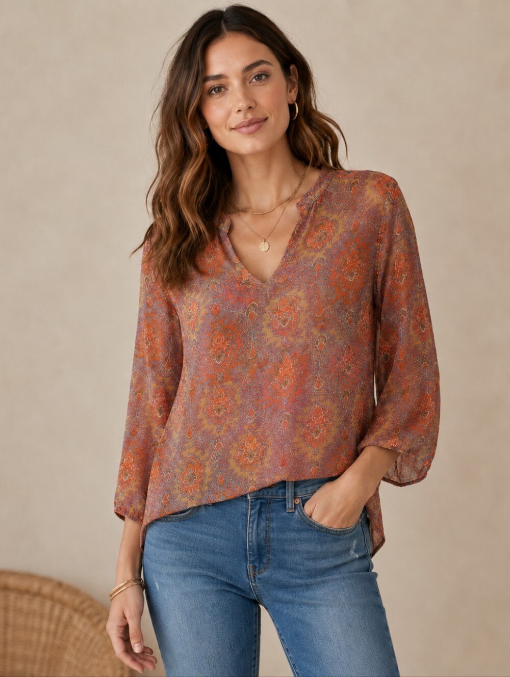 Lucky Brand Sheer Fall Floral 3/4 Sleeve Blouse Top Sz XS